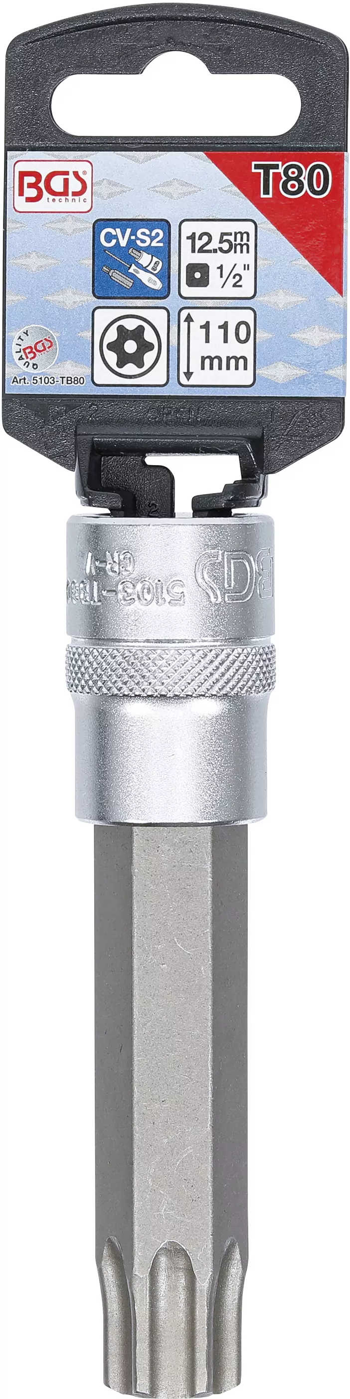 Bit-Einsatz | Länge 110 mm | Antrieb Innenvierkant 12,5 mm (1/2") | T-Profil (für Torx) mit Bohrung T80