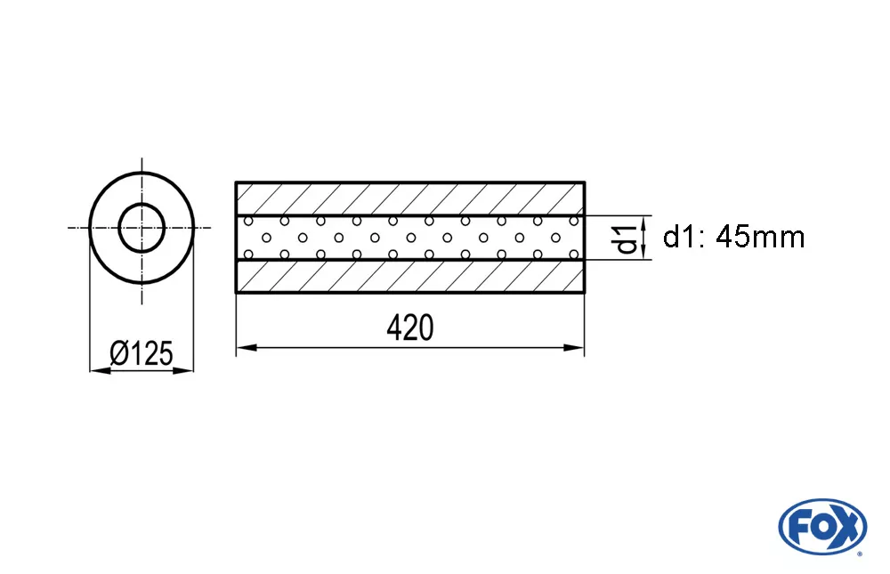 Uni-Schalldämpfer rund ohne Stutzen - Abwicklung 390  Ø 125mm, d1Ø 45mm, Länge: 420mm