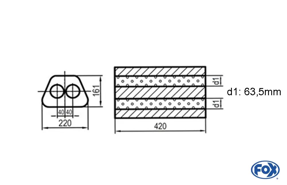 Uni-Schalldämpfer Trapezoid zweiflutig - Abwicklung 644  220x161mm, d1Ø 63,5mm, Länge: 420mm