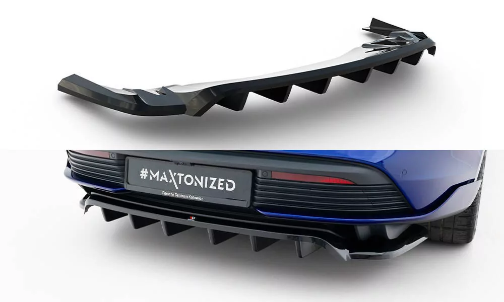 Hinten Splitter (mit Einem Vertikalem Balken) Porsche Taycan Turbo S Mk1  Schwarz Hochglanz