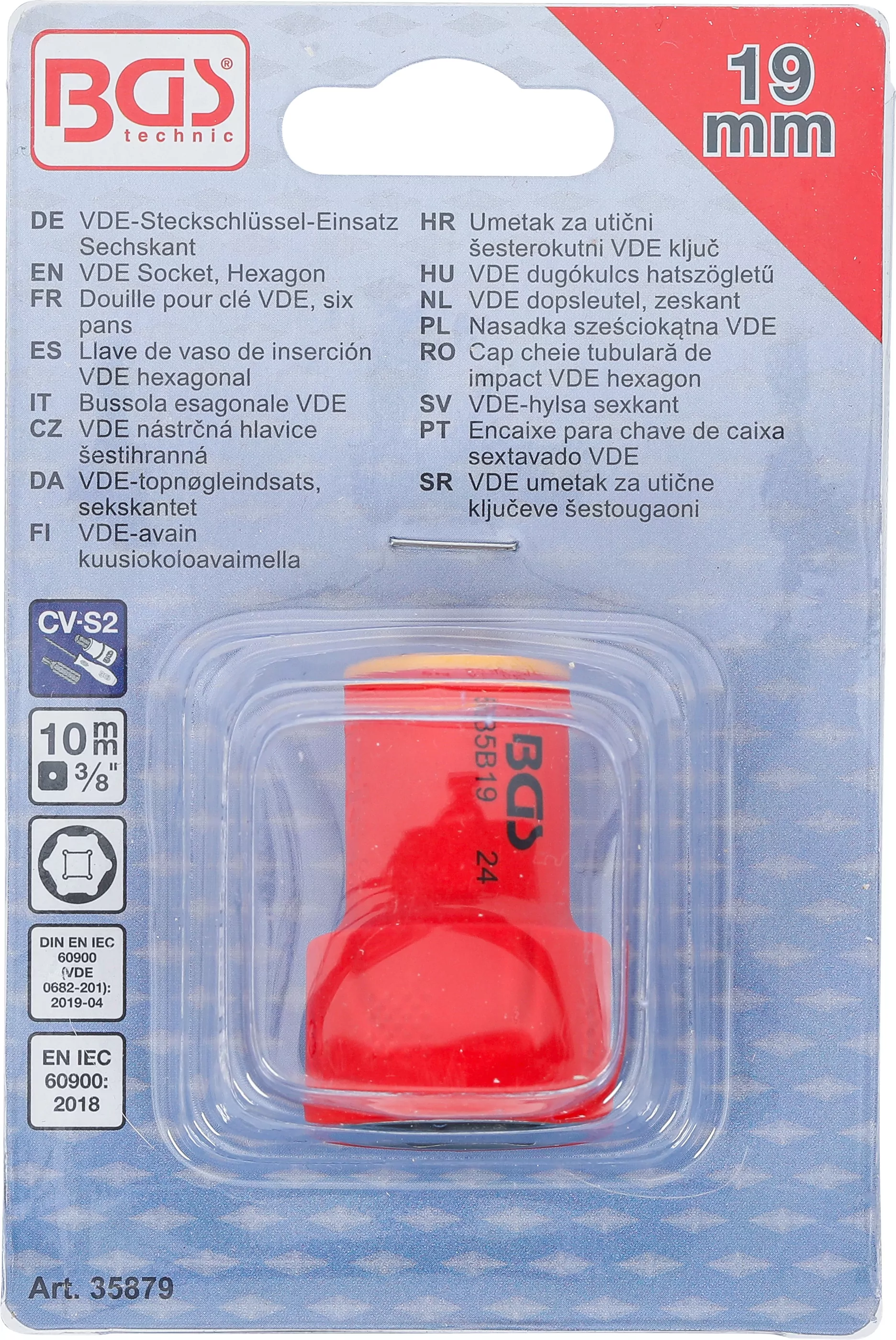 VDE-Steckschlüssel-Einsatz Sechskant | Antrieb Innenvierkant 10 mm (3/8") | SW 19 mm