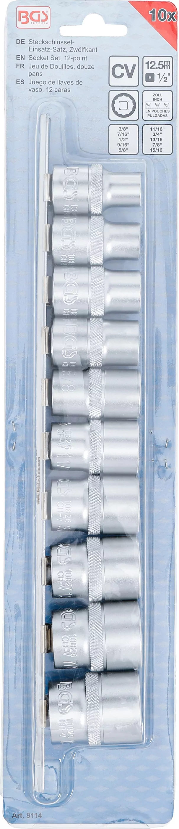 Steckschlüssel-Einsatz-Satz, Zwölfkant | Antrieb Innenvierkant 12,5 mm (1/2") | Zollgrößen | 10-tlg.