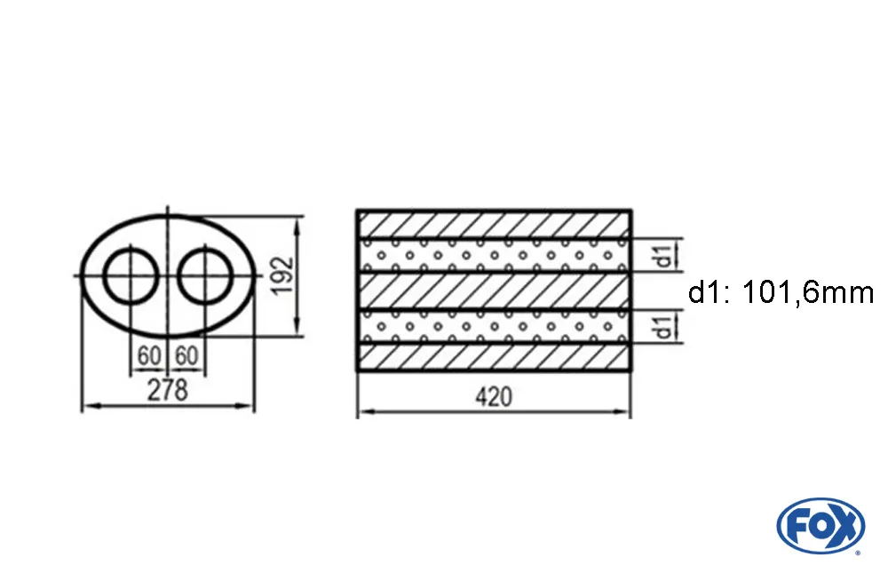 Uni-Schalldämpfer oval zweiflutig - Abwicklung 754  278x192mm, d1Ø 101,6mm  außen -, Länge: 420mm