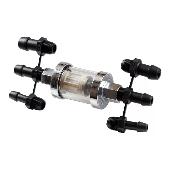 Benzinfilter 1/4" 5/16" 3/8", rund, chrom/glas, Ø=26mm, Gesamtlänge: 64mm, Anschlüsse 6,5/8/10mm