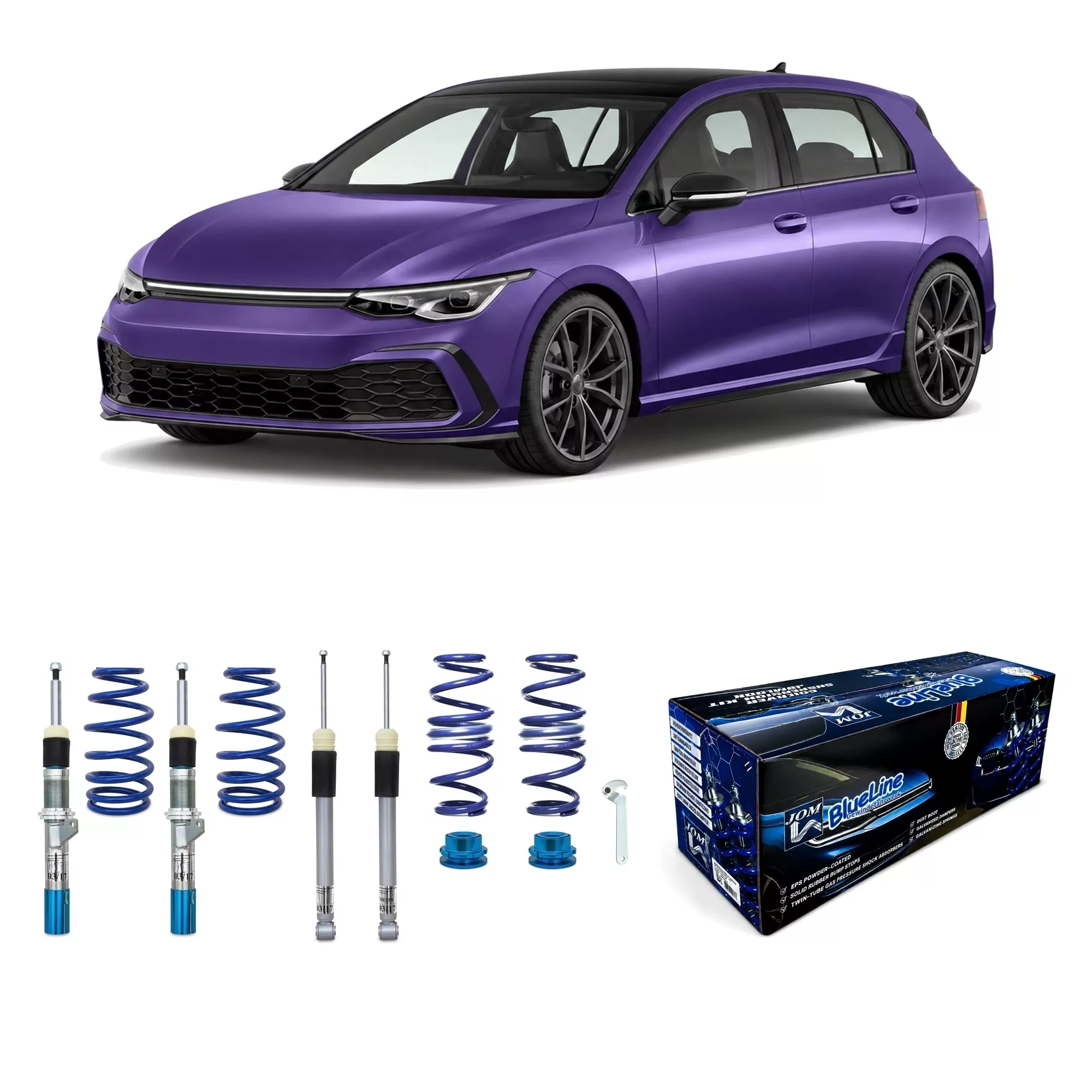 BlueLine Gewindefahrwerk passend für 
 VW Golf 8 (CD) 1.0 TSI/ 1.2 TSI/ 1.5 TSI 96KW/ 1.5 TGI/ 2.0 TDI 85KW, 2019-, (Achslast VA 1035 kg) nur passend bei HA Verbundlenker (Torsion), Gewinde/ Feder