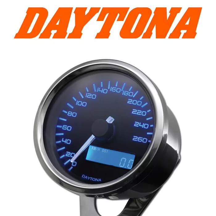 Daytona Digitalt. "velona", Chr. Ø 60mm,-260 Km/h, Tacho/uhr/voltanz./trip/blaue Bel., E-geprüft