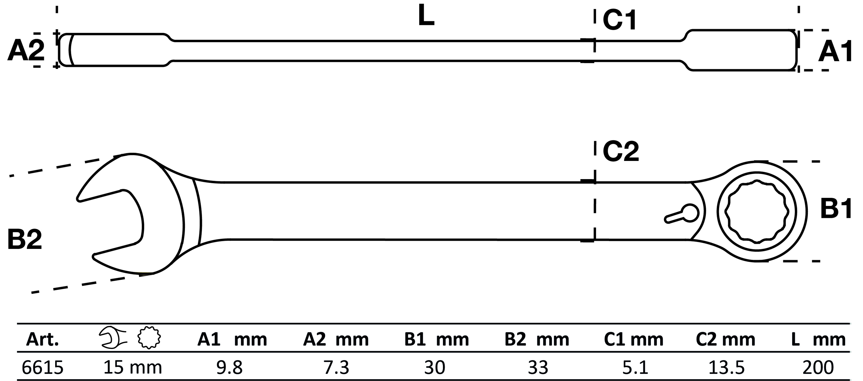 Ratschenring-Maulschlüssel | umschaltbar | SW 15 mm