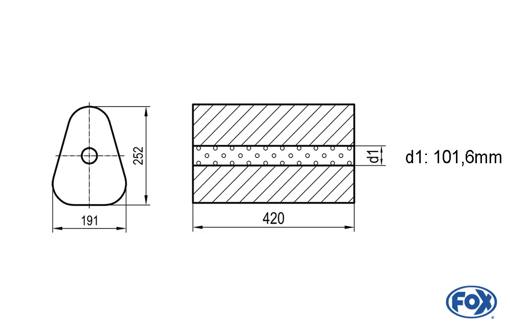 Uni-Schalldämpfer Dreieckig ohne Stutzen - Abwicklung 725  191x252mm, d1Ø 101,6mm außen - Länge: 420mm