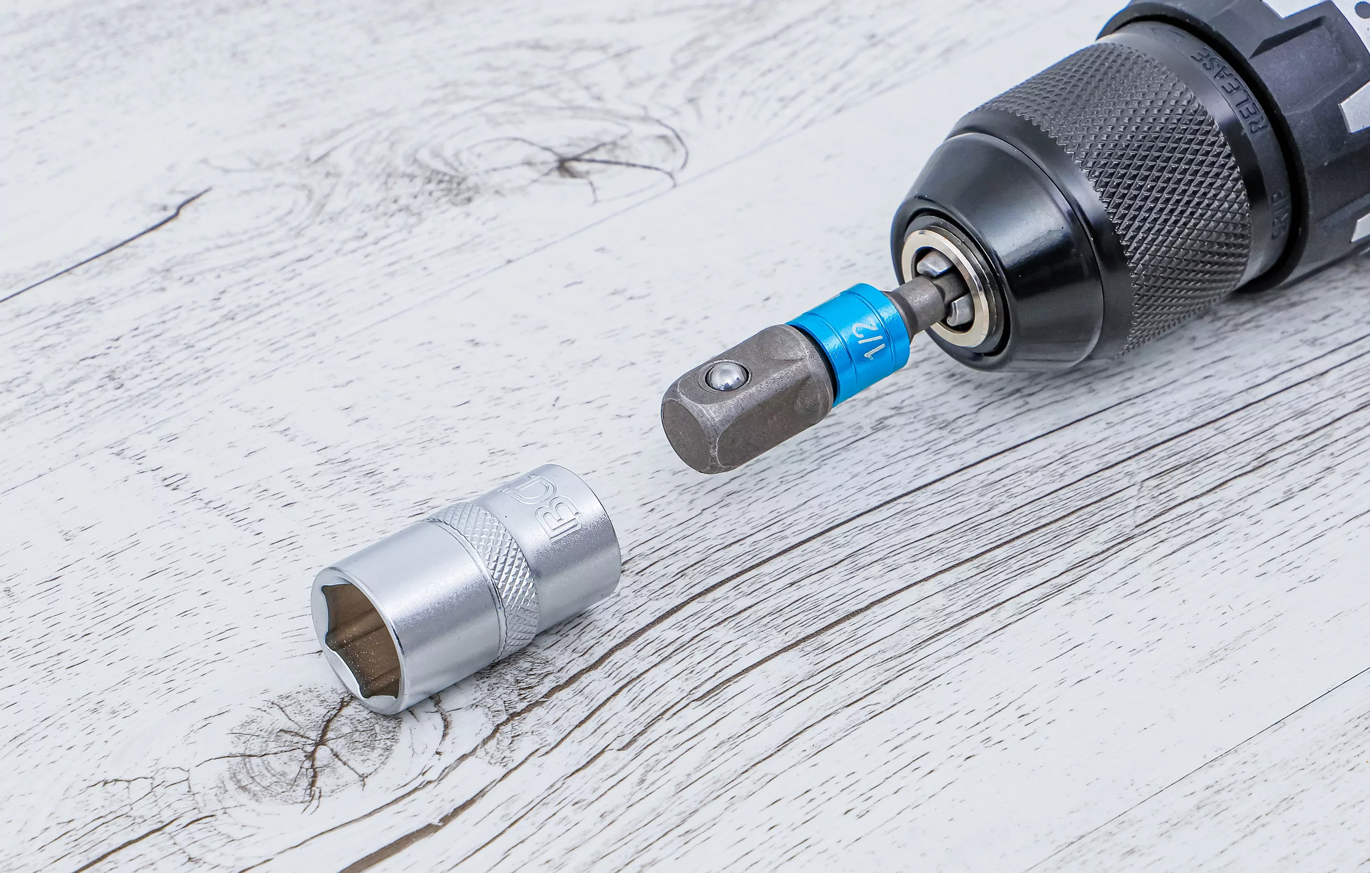 Adapter-Satz für Bohrmaschinen | farbig | Antrieb Außensechskant 6,3 mm (1/4") | Abtrieb Außenvierkant 6,3 mm (1/4"), 10 mm (3/8"), 12,5 mm (1/2"), Innensechskant 6,3 mm (1/4") | 4-tlg.