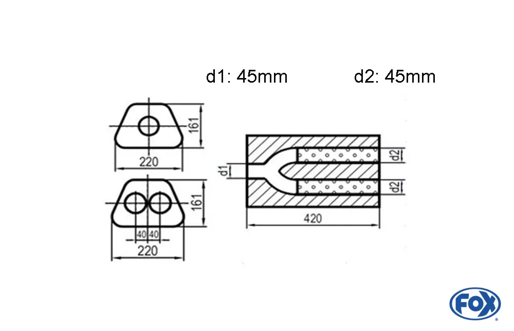 Uni-Schalldämpfer trapezoid zweiflutig mit Hose - Abw. 644  220x161mm, d1Ø 45mm  d2Ø 45mm, Länge: 420mm