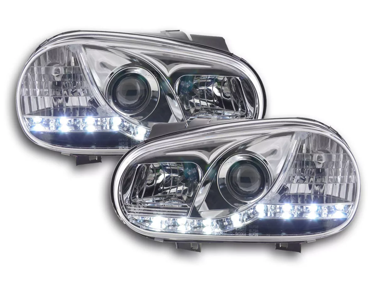 Scheinwerfer Set Daylight LED TFL-Optik VW Golf 4 Typ 1J Bj. 98-03 chrom für Rechtslenker