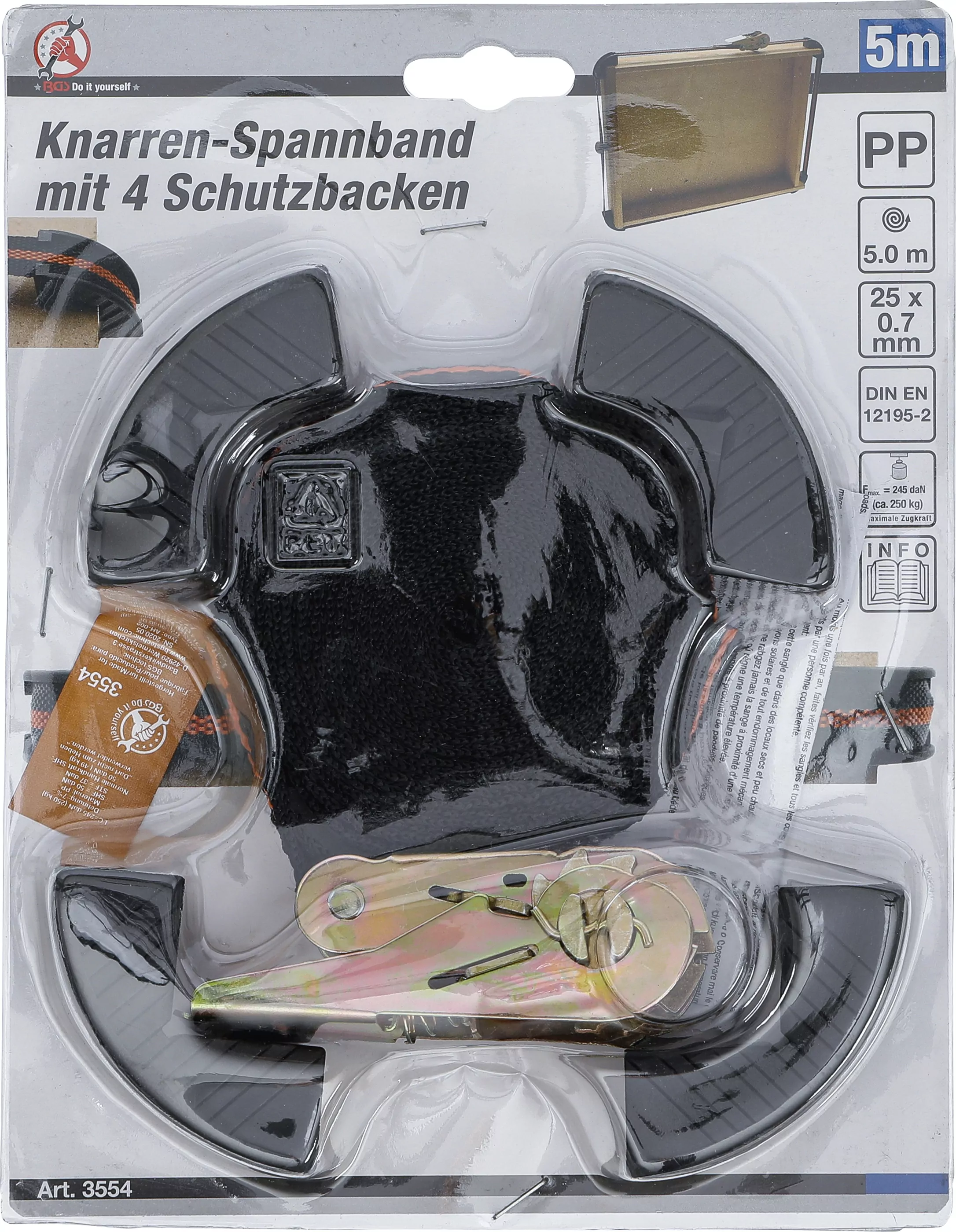 Knarren-Spannband | mit 4 Schutzbacken | 5 m x 25 mm