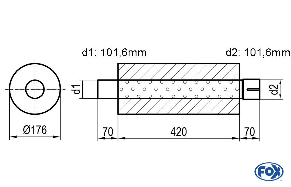 Uni-Schalldämpfer rund mit Stutzen - Abwicklung 556  Ø 176mm, d1Ø 88,9mm außen - d2Ø 88,9mm innen - Länge: 420mm