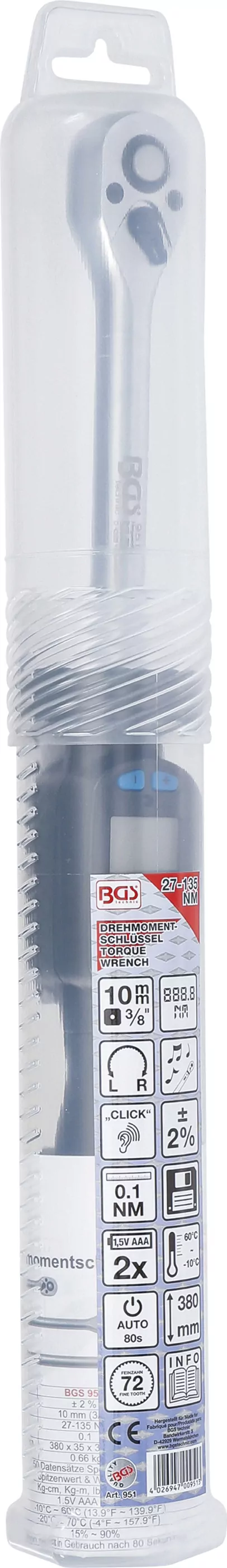 Digitaler Drehmomentschlüssel | Abtrieb Außenvierkant 10 mm (3/8") | 27 - 135 Nm