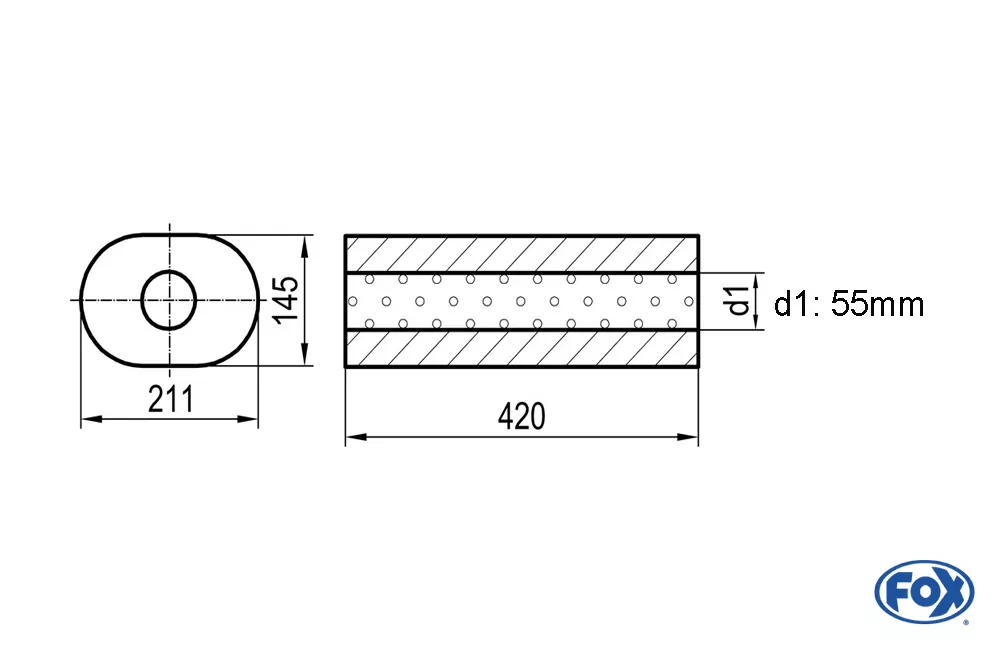 Uni-Schalldämpfer oval ohne Stutzen - Abwicklung 585  211x145mm, d1Ø 55mm, Länge: 420mm