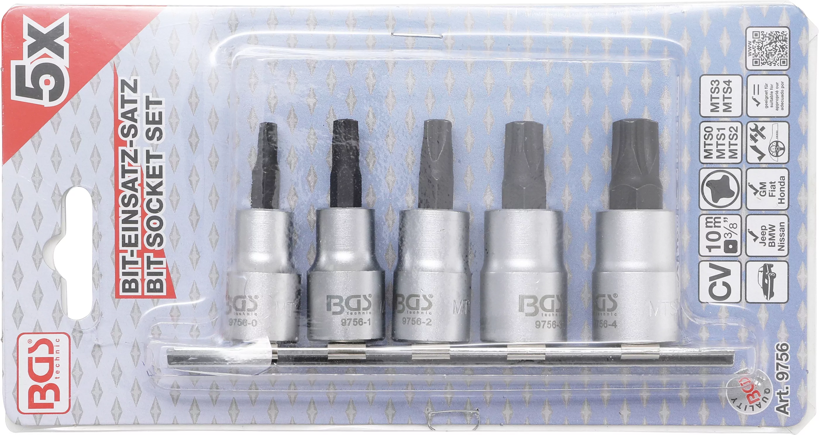 Bit-Einsatz-Satz | Antrieb Innenvierkant 10 mm (3/8") | 4-kant Profil (für MTS-Mortorq) MTS0 - MTS04 | 5-tlg.