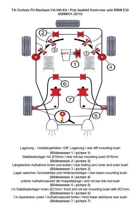 TA Technix PU-Buchsen Kit 37-teilig / Vorderachse+Hinterachse / Vorderachse mit Ø 21mm Stabi / Hinterachse mit Ø 16mm Stabi / passend für BMW 3er Serie E30