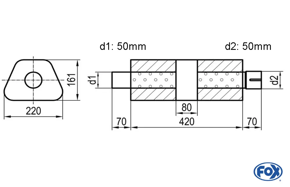 Uni-Schalldämpfer trapez mit Kammer + Stutzen - Abw. 644  220x161mm, d1Ø 50mm (außen), d2Ø 50mm (innen), Länge: 420mm