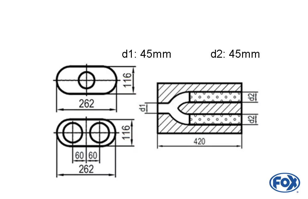 Uni-Schalldämpfer oval zweiflutig mit Hose - Abwicklung 650  262x116mm, d1Ø 45mm  d2Ø 40mm, Länge: 420mm
