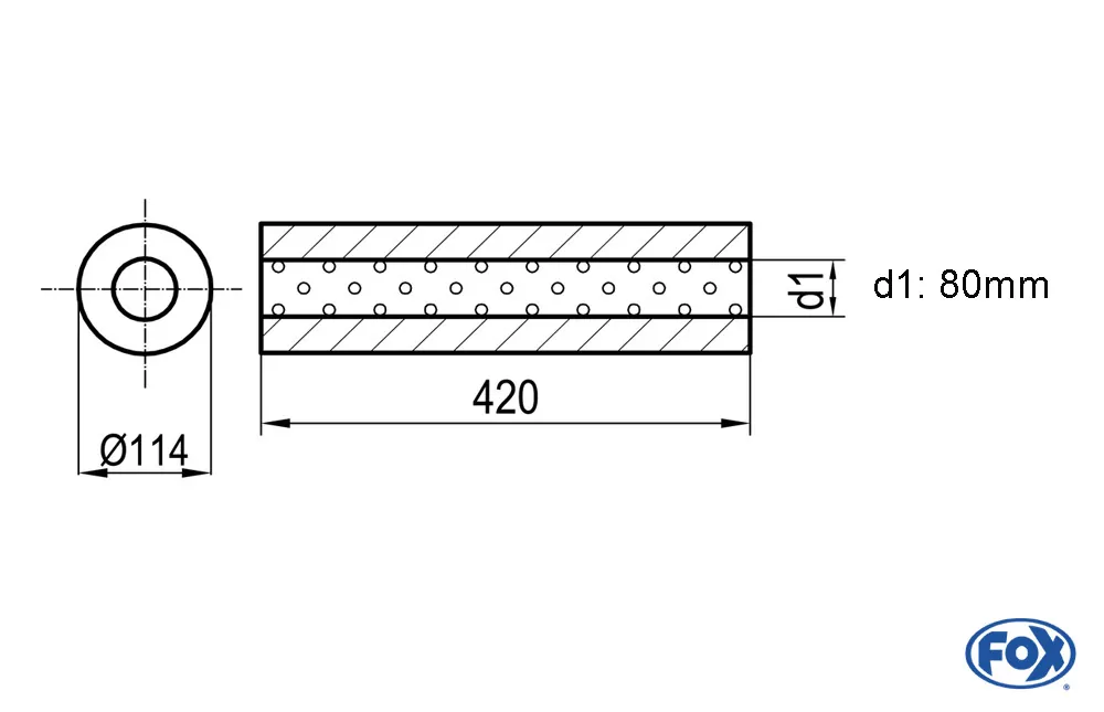 Uni-Schalldämpfer rund ohne Stutzen - Abwicklung 355  Ø 114mm, d1Ø 88,9mm, Länge: 420mm