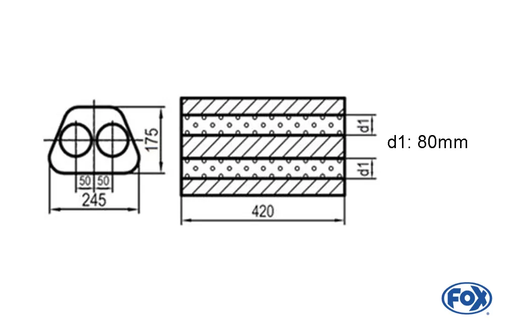 Uni-Schalldämpfer Trapezoid zweiflutig - Abwicklung 711  245x175mm, d1Ø 80mm  außen -, Länge: 420mm