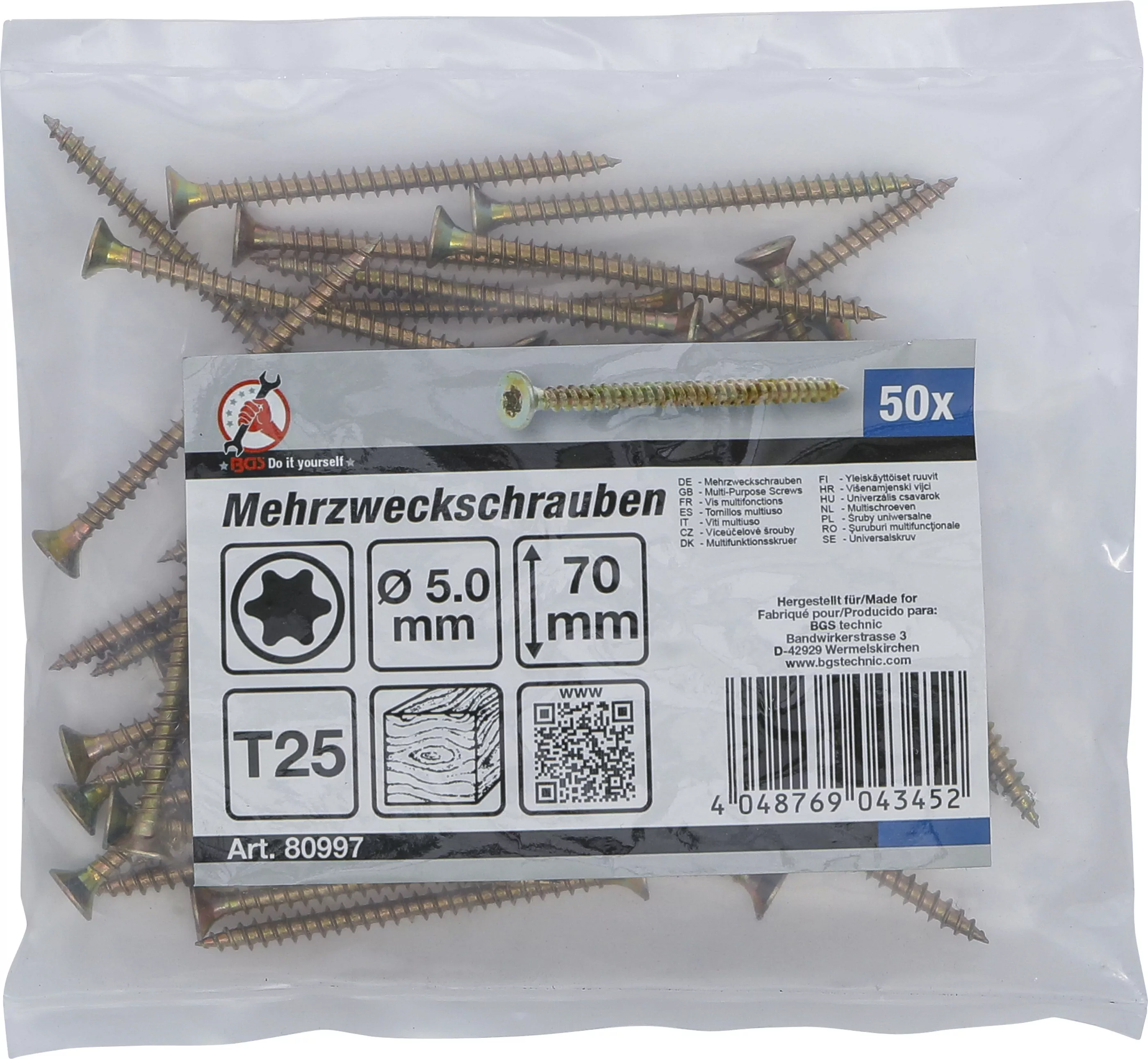 Mehrzweckschrauben | T-Profil (für Torx) T25 | 5,0 x 70 mm | 50 Stück