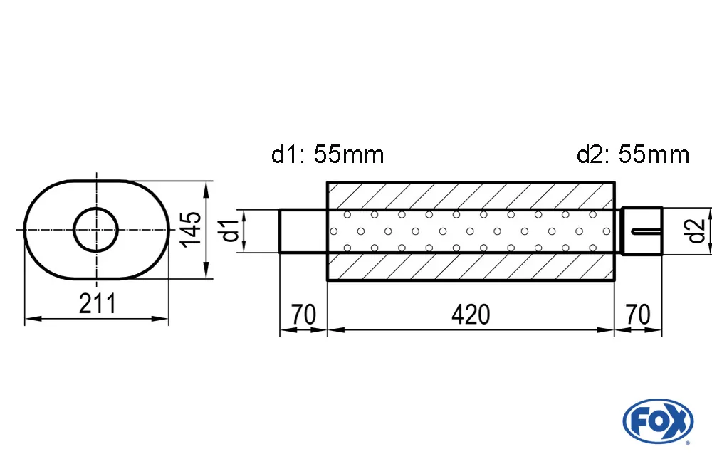 Uni-Schalldämpfer oval mit Stutzen - Abwicklung 585  211x145mm, d1Ø 55mm  d2Ø 55,5mm, Länge: 420mm