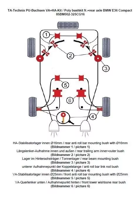 TA Technix PU-Buchsen Kit 32-teilig / Vorderachse+Hinterachse / Vorderachse mit Ø 25mm Stabi / Hinterachse mit Ø 16mm Stabi / passend für BMW 3er Serie E36 Compact
