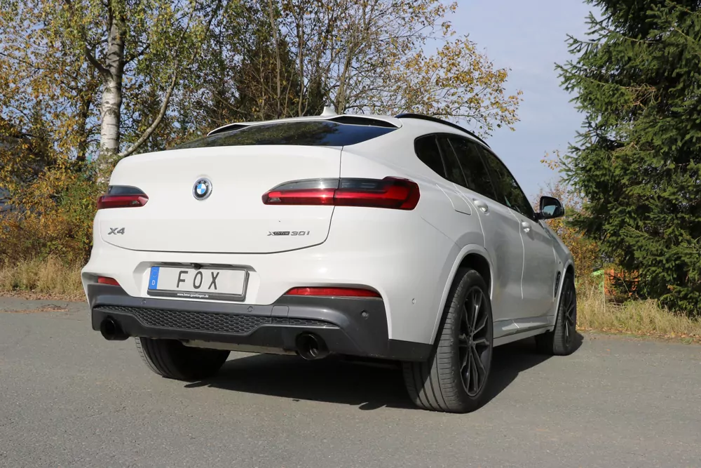 BMW X4 G02 - 30i Endschalldämpfer quer Ausgang rechts/links - 1x100 Typ 25 rechts/links SCHWARZ emalliert mit Abgasklappe und Vorschalldämpfer - Nicht verbaubar bei Modellen mit Panoramadach