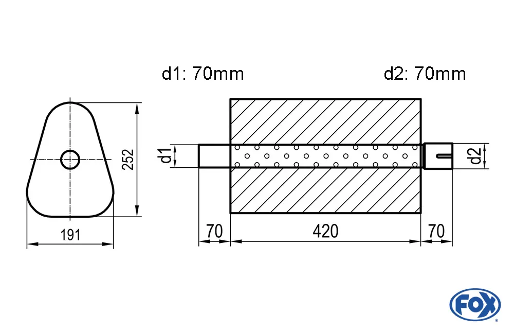 Uni-Schalldämpfer Dreieckig mit Stutzen - Abwicklung 725  191x252mm, d1Ø 70mm außen/ d2Ø 70mm innen - Länge: 420mm