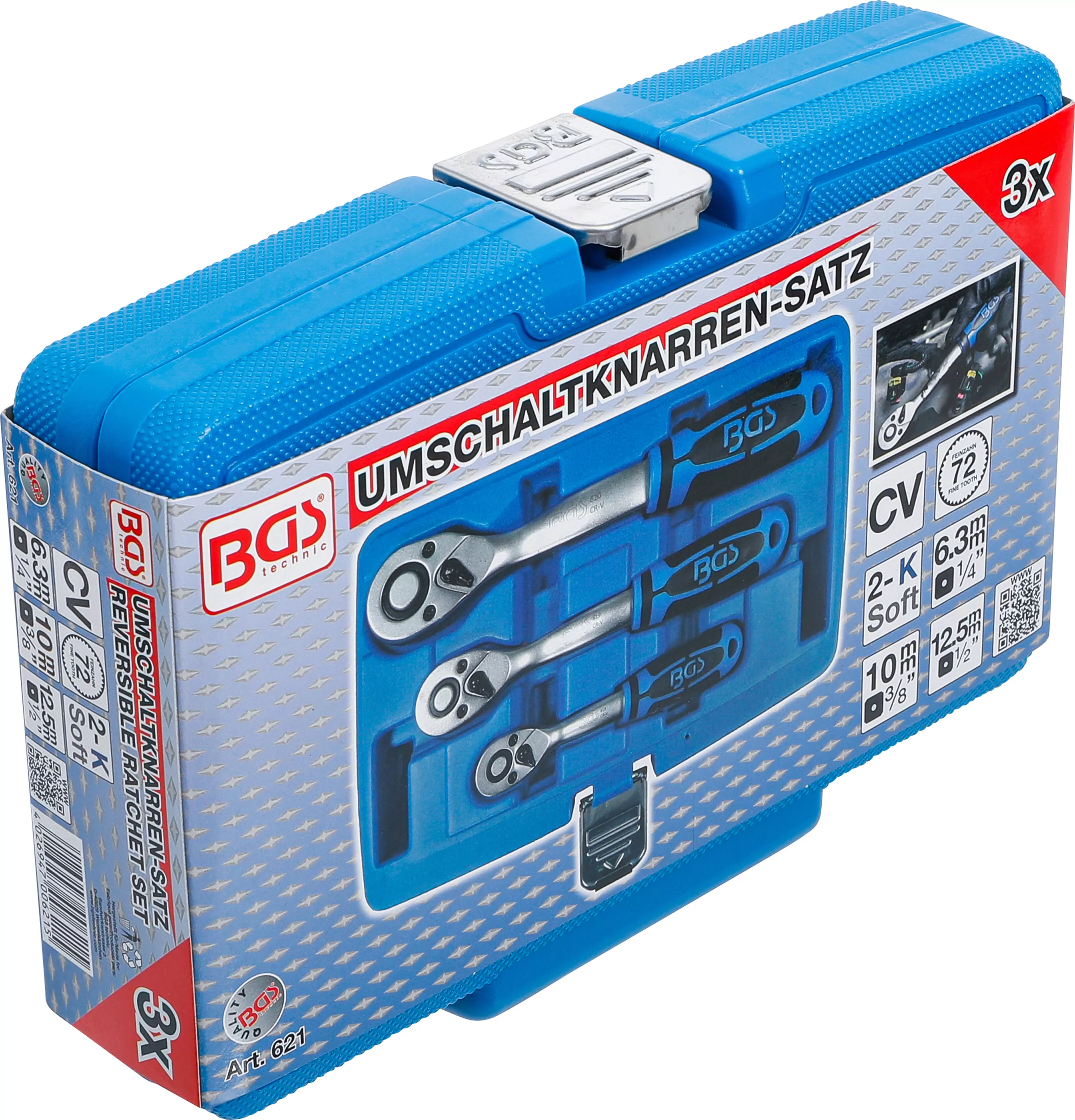 Umschaltknarren-Satz | feinverzahnt | Abtrieb Außenvierkant 6,3 mm (1/4") - 10 mm (3/8") - 12,5 mm (1/2") | 3-tlg.