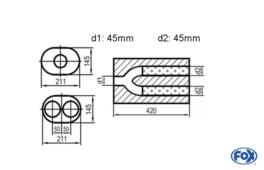 Uni-Schalldämpfer oval zweiflutig mit Hose - Abwicklung 585  211x145mm, d1Ø 45mm  d2Ø 40mm, Länge: 420mm