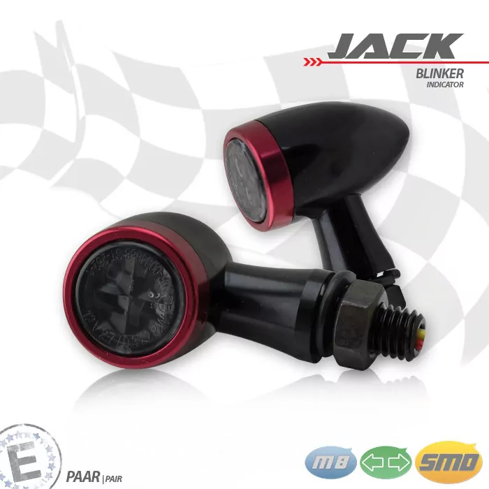 Smd-blinkerset Jack | Schwarz | Zierring Rot | M8 | Alu | Getönt | Ø 22 X T 37 Mm | E-geprüft