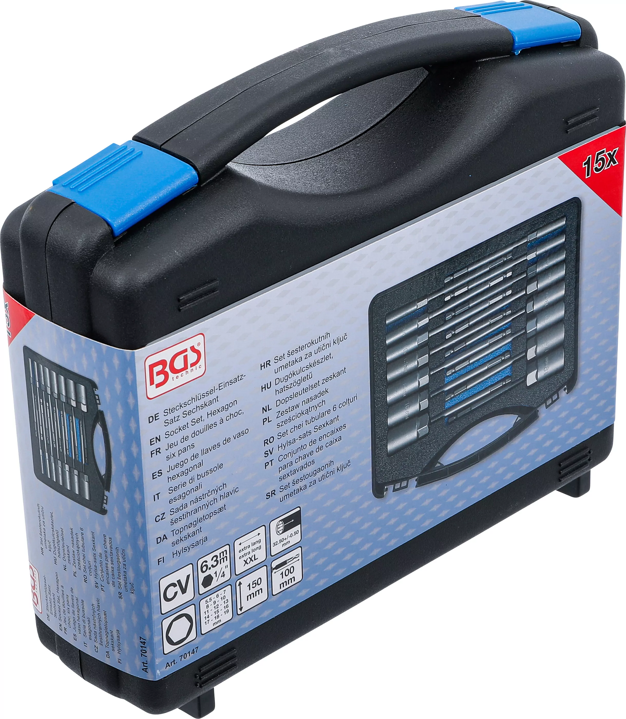 Steckschlüssel-Einsatz-Satz, Sechskant | extra lang | Antrieb Außensechskant 6,3 mm (1/4") | für Bohrmaschinen | SW 5,5 - 19 mm | 15-tlg.