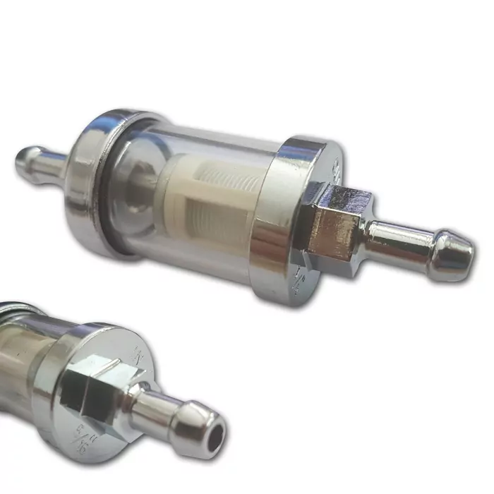 Benzinfilter 5/16" 8mm, Ø=26mm, rund, chrom/glas, Gesamtlänge: 42mm