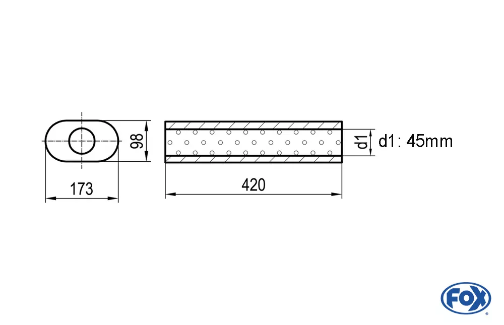 Uni-Schalldämpfer oval ohne Stutzen - Abwicklung 450  173x98mm, d1Ø 45mm, Länge: 420mm