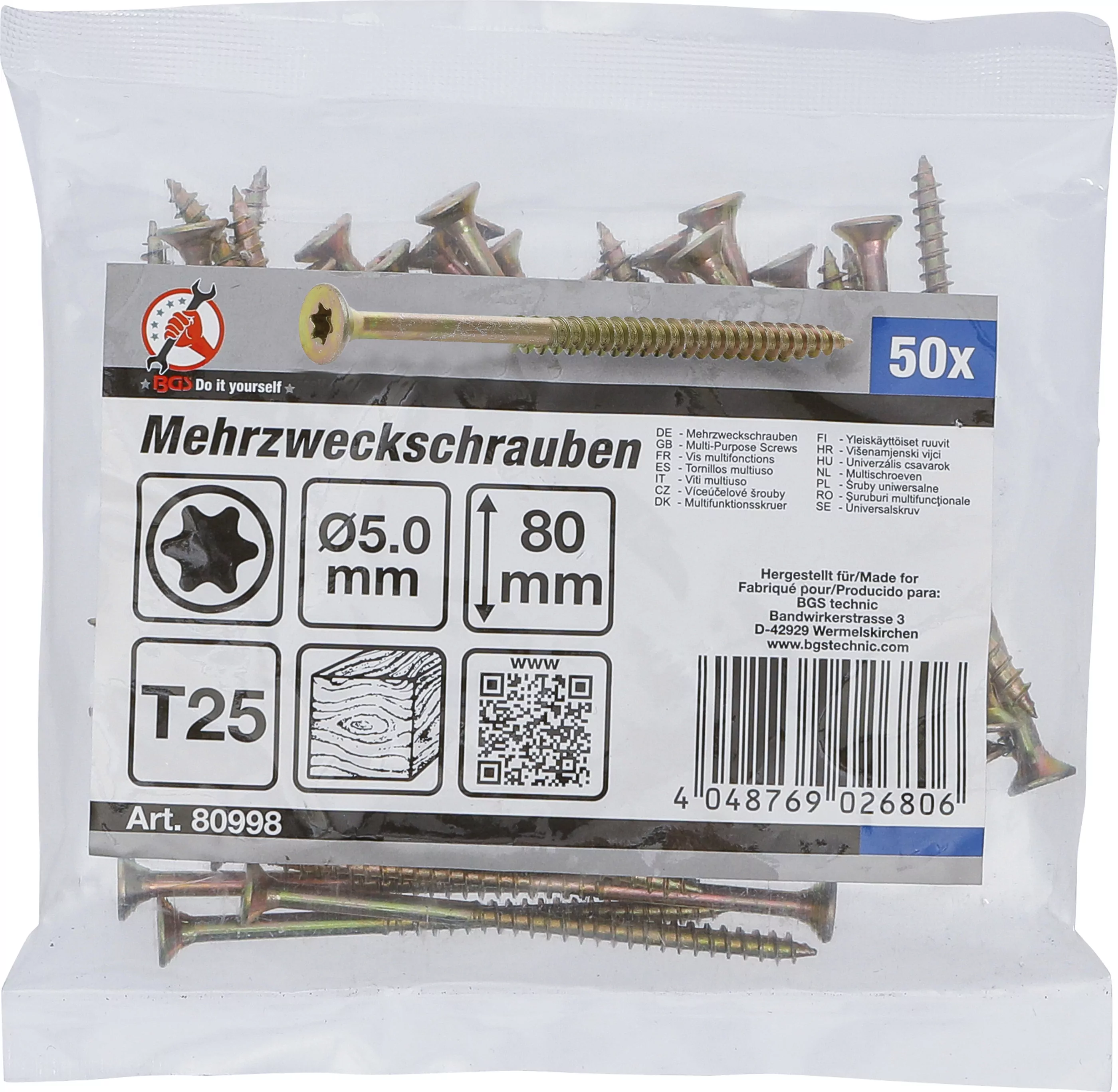 Mehrzweckschrauben | T-Profil (für Torx) T25 | 5,0 x 80 mm | 50 Stück