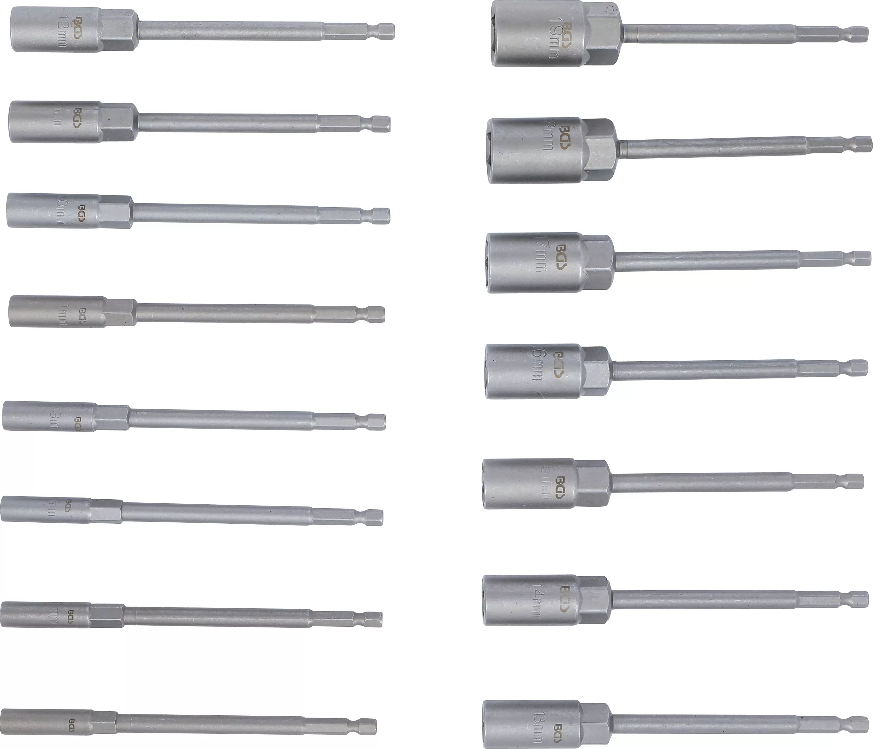 Steckschlüssel-Einsatz-Satz, Sechskant | extra lang | Antrieb Außensechskant 6,3 mm (1/4") | für Bohrmaschinen | SW 5,5 - 19 mm | 15-tlg.