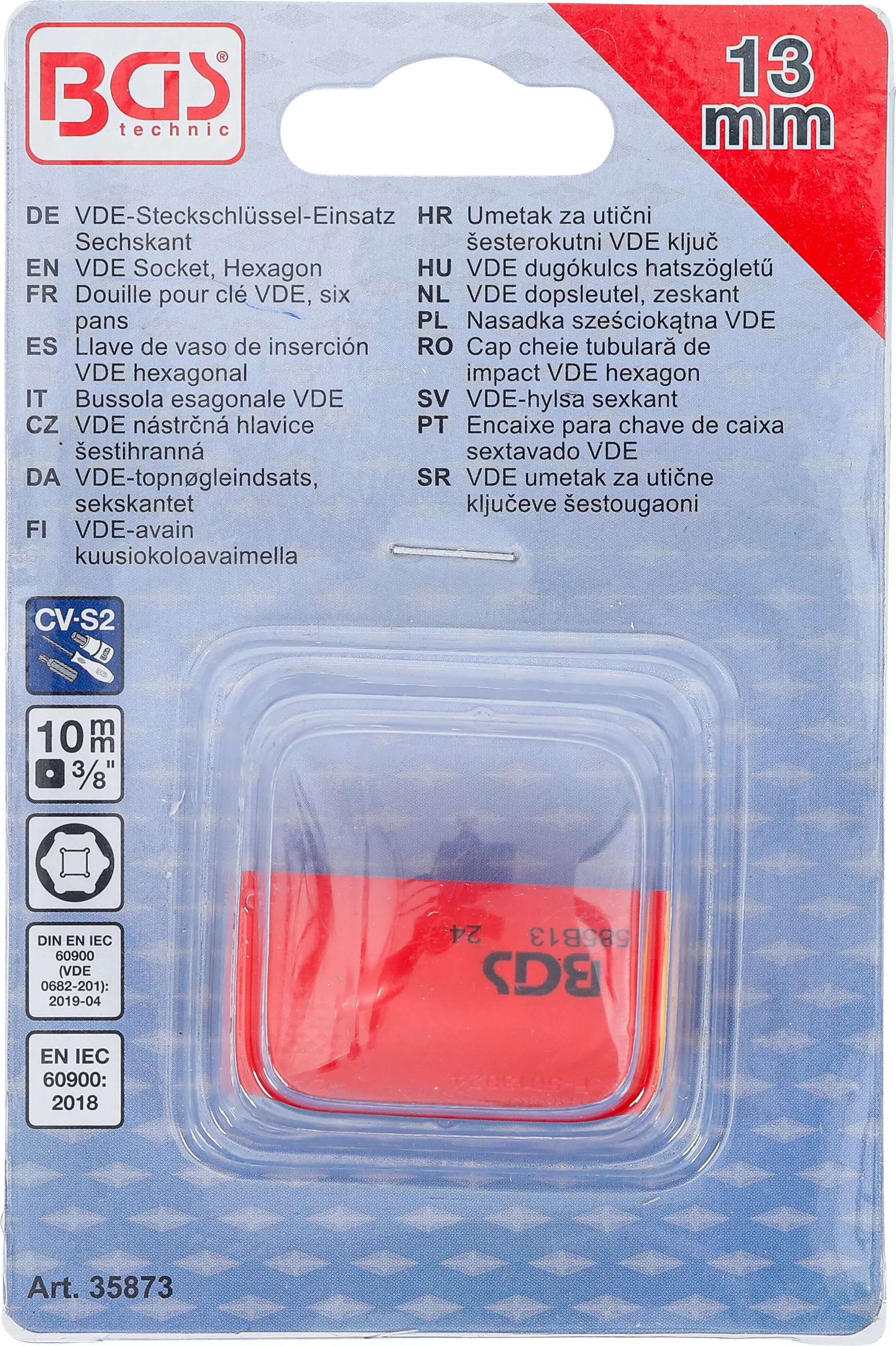 VDE-Steckschlüssel-Einsatz Sechskant | Antrieb Innenvierkant 10 mm (3/8") | SW 13 mm