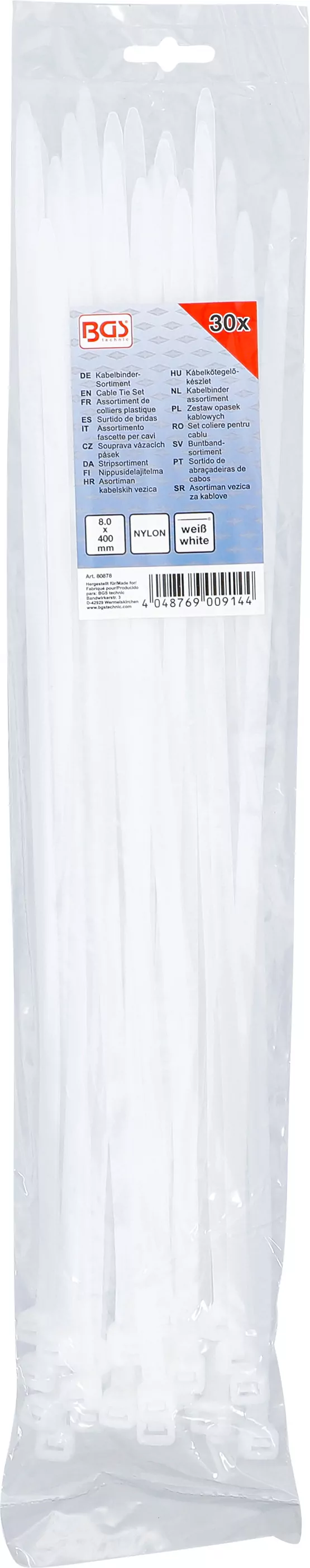 Kabelbinder-Sortiment | weiß | 8,0 x 400 mm | 30-tlg.
