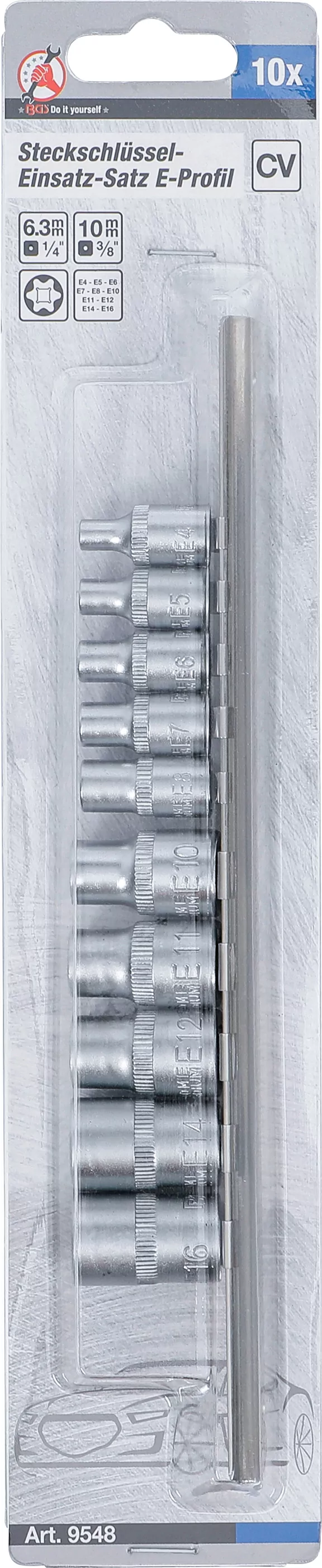 Steckschlüssel-Einsatz-Satz E-Profil | Antrieb Innenvierkant 6,3 mm (1/4") / 10 mm (3/8") | SW E4 - E16 | 10-tlg.