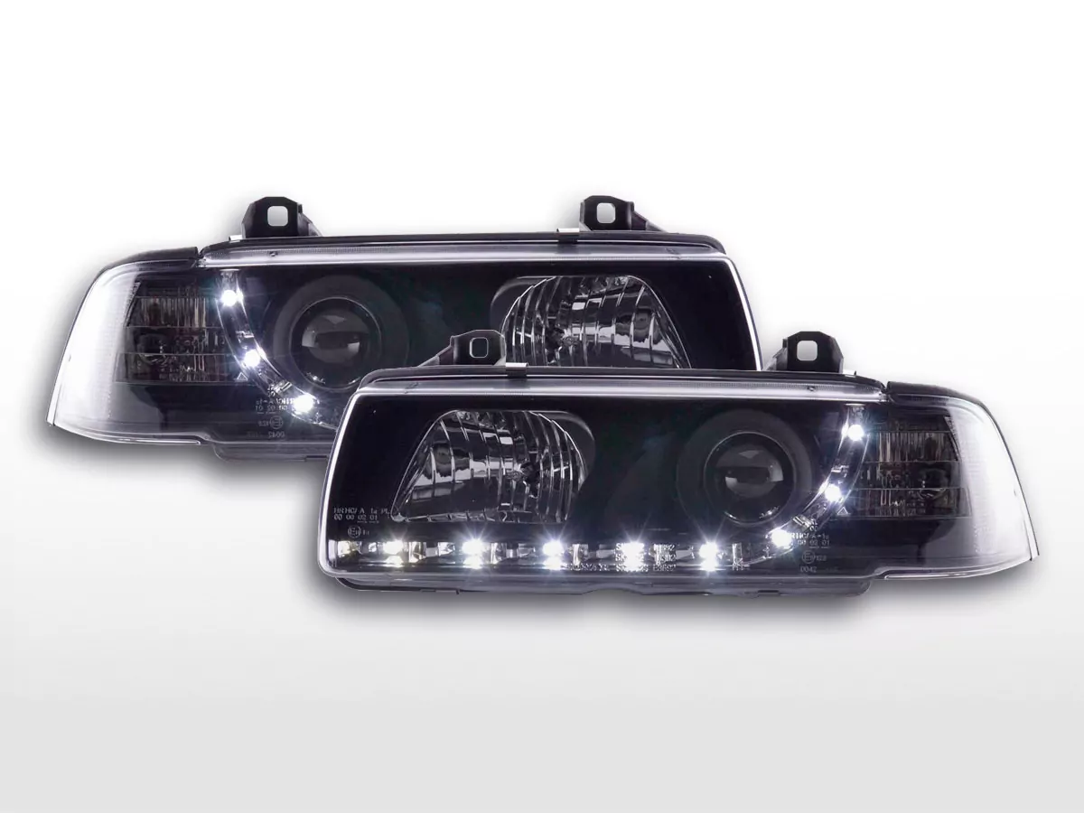 Scheinwerfer Set Daylight LED TFL-Optik BMW 3er Coupe, Cabrio Typ E36 Bj. 92-98 schwarz
