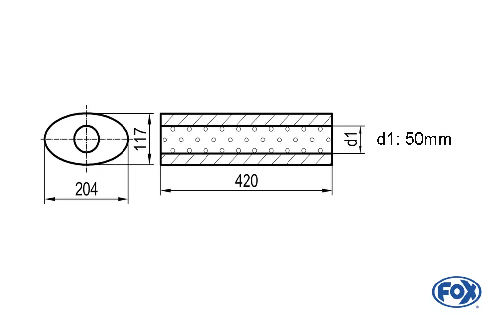 Uni-Schalldämpfer oval ohne Stutzen - Abwicklung 525  204x117mm, d1Ø 50mm, Länge: 420mm