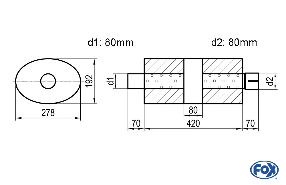Uni-Schalldämpfer oval mit Kammer + Stutzen - Abw. 754  278x192mm, d1Ø 80mm (außen), d2Ø 80mm (innen), Länge: 420mm