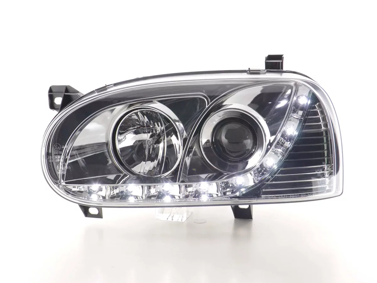 Scheinwerfer Set Daylight LED TFL-Optik VW Golf 3 Typ 1HXO 1EXO Bj. 91-97 chrom