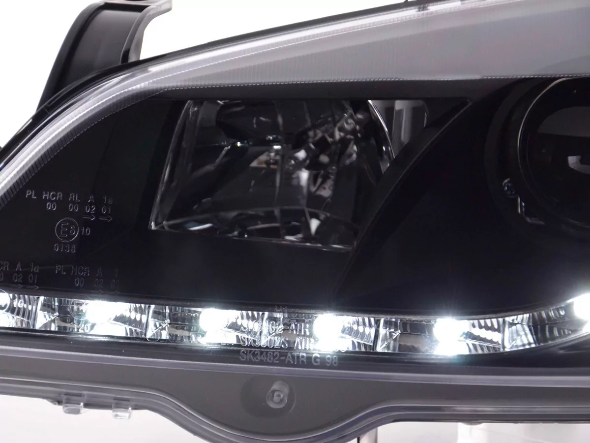 Scheinwerfer Set Daylight LED Tagfahrlicht Opel Astra G Bj. 98-03 schwarz