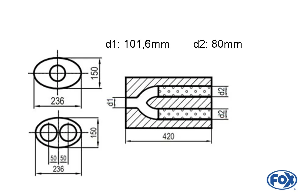 Uni-Schalldämpfer oval zweiflutig mit Hose - Abwicklung 618  236x150mm, d1Ø 101,6mm außen - d2Ø 2x80mm außen, Länge: 420mm