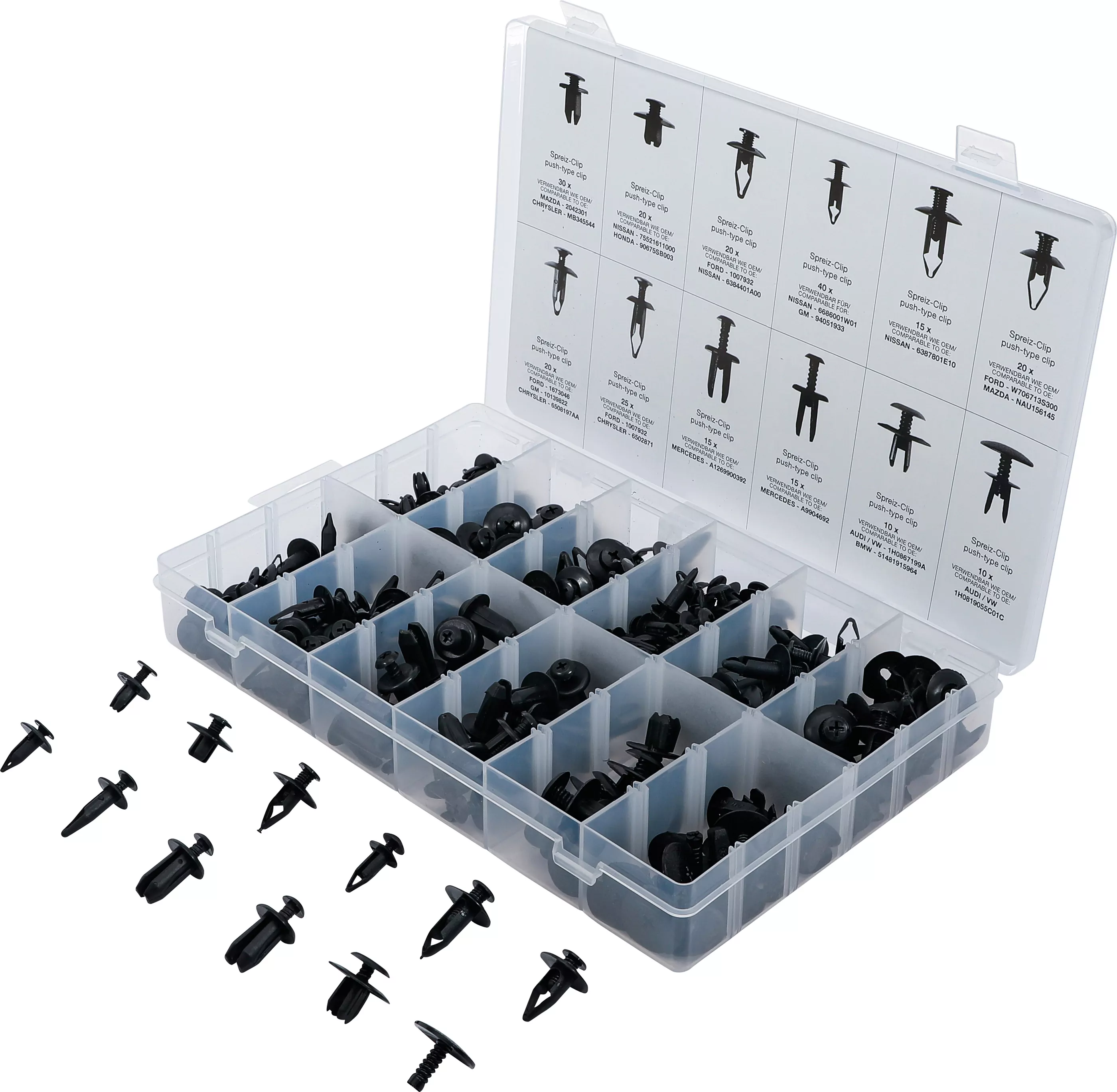 Kunststoffspreizclip-Sortiment für Mazda, Honda, Ford, Nissan, VW | 240-tlg.
