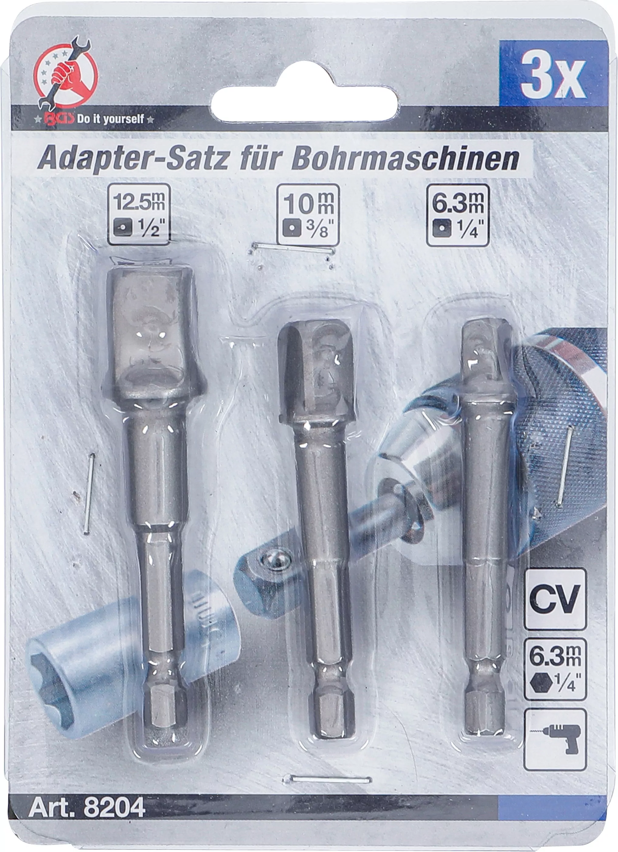 Adapter-Satz für Bohrmaschinen | Antrieb Außensechskant 6,3 mm (1/4") | Abtrieb Außenvierkant 6,3 mm (1/4") / 10 mm (3/8") / 12,5 mm (1/2") | 3-tlg.
