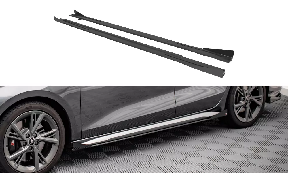 Street Pro Seitenschweller Ansatz Für + Flaps Audi S3 / A3 S-Line 8Y / 8Y Facelift Schwarz Hochglanz